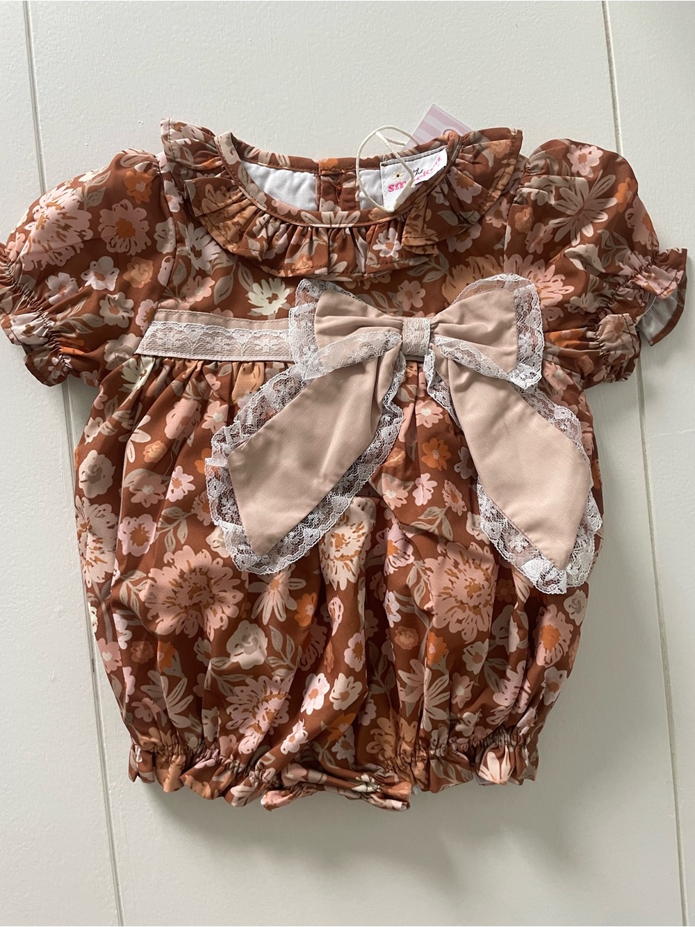Floral Bow Baby Bubble Bodysuit in Brown and Pink